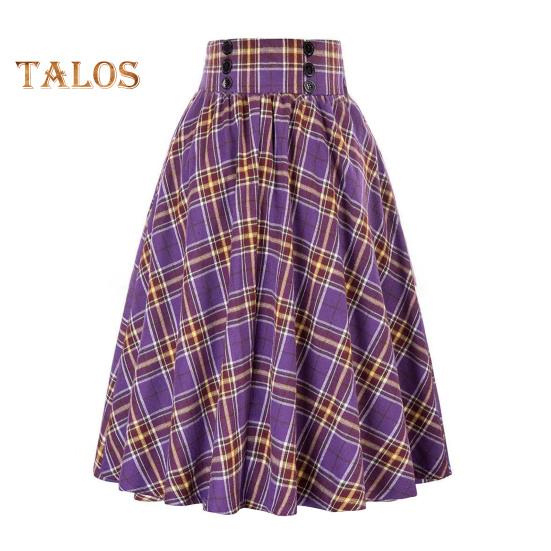 Women Skirt Elastic High Waist A-Line Midi Skirt Contrast Color Plaid Print Large Hem Mid-Calf Length Skirt Daily Wear