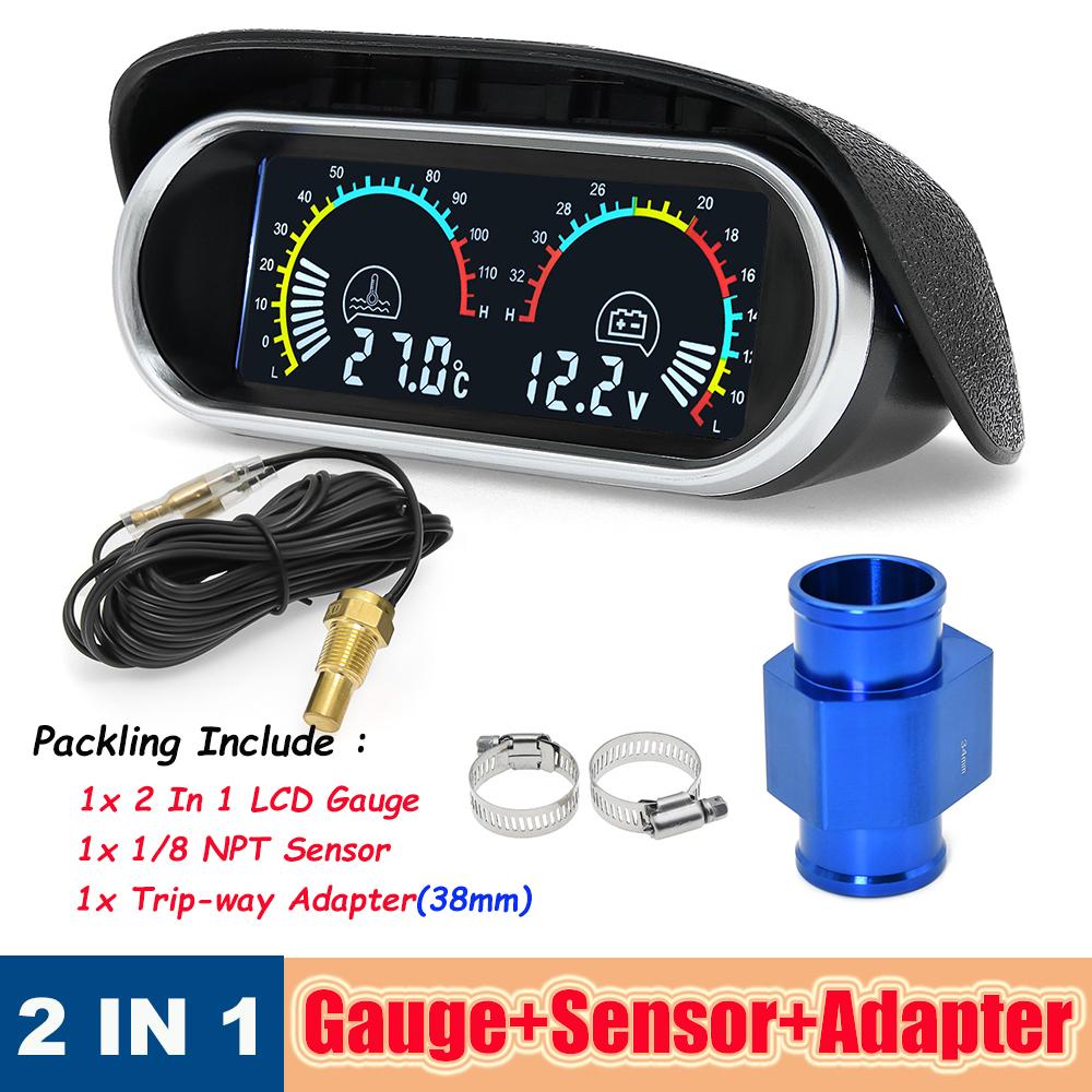 -10~120 Celsius Ecartament Universal LCD 2 în 1 cu Adaptor Senzor Temperatură Apă 40mm NPT 1/8 Metru Voltmetru+Afișaj Temperatură Apă
