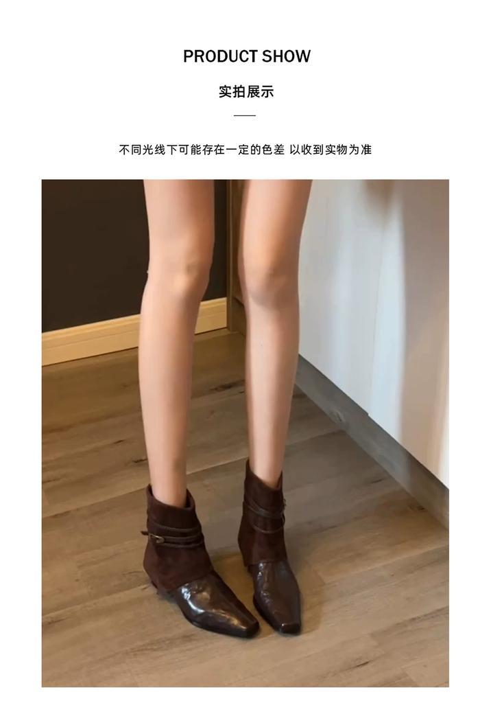 Sheepskin version~ Square head retro belt buckle short boots women's inner height increase western boots rear zipper thin knight boots