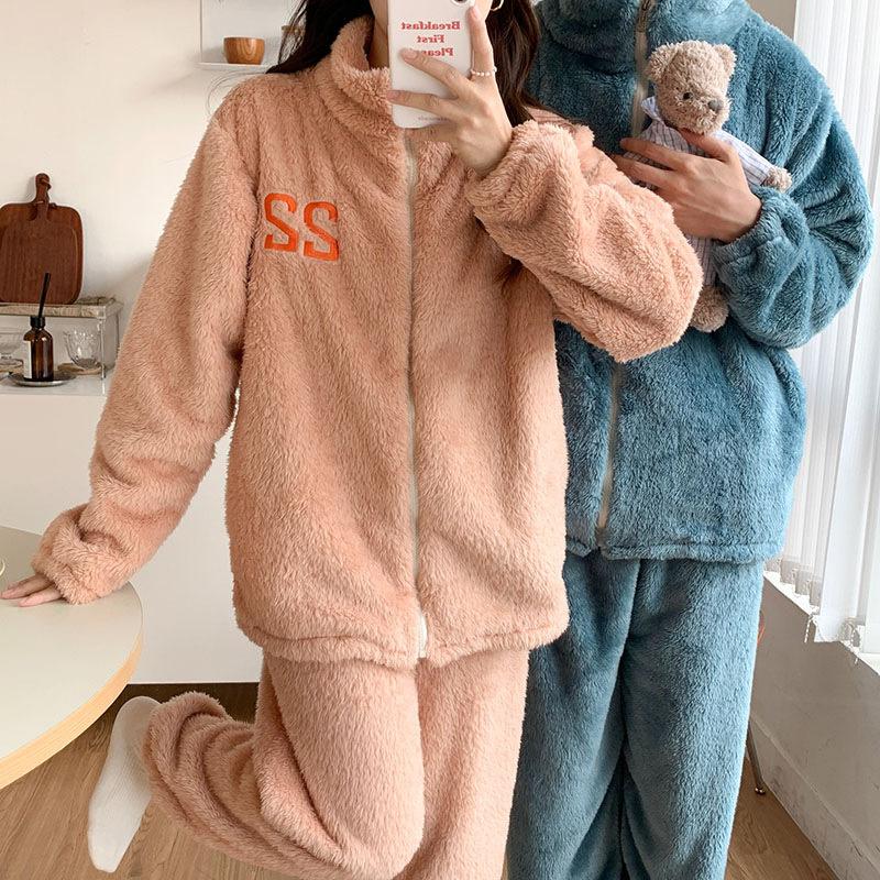 Autumn Winter Couples Flannel Thickened Warm Pajamas Women's Long-sleeved Zipper Plush Suit Men's Home Wear