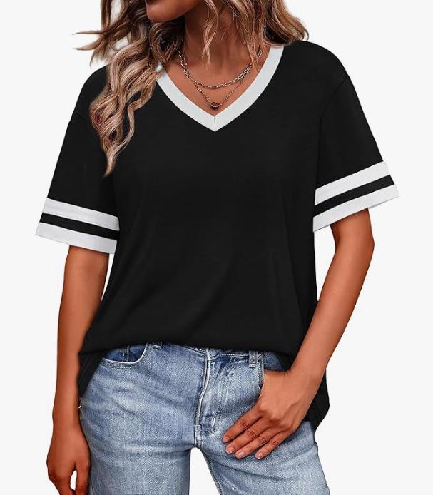 2026 Women's V-Neck Striped Color Block Loose Casual Sports Top