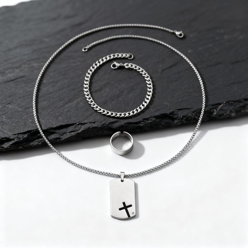 3pcs/set Dogtag Necklace for Men Boys,Stainless Steel Cuban Chain Bracelet,Waterproof Bend Ring Set Gift
