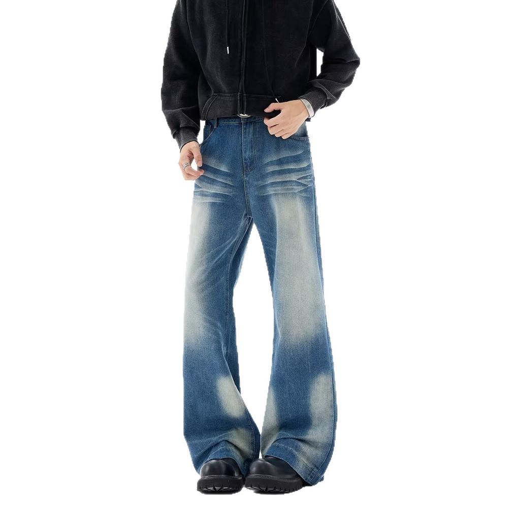 High Street Wide Leg Jeans Men's Washed Crease High Waist Loose and Skinny Versatile Straight Floor Pants Men's