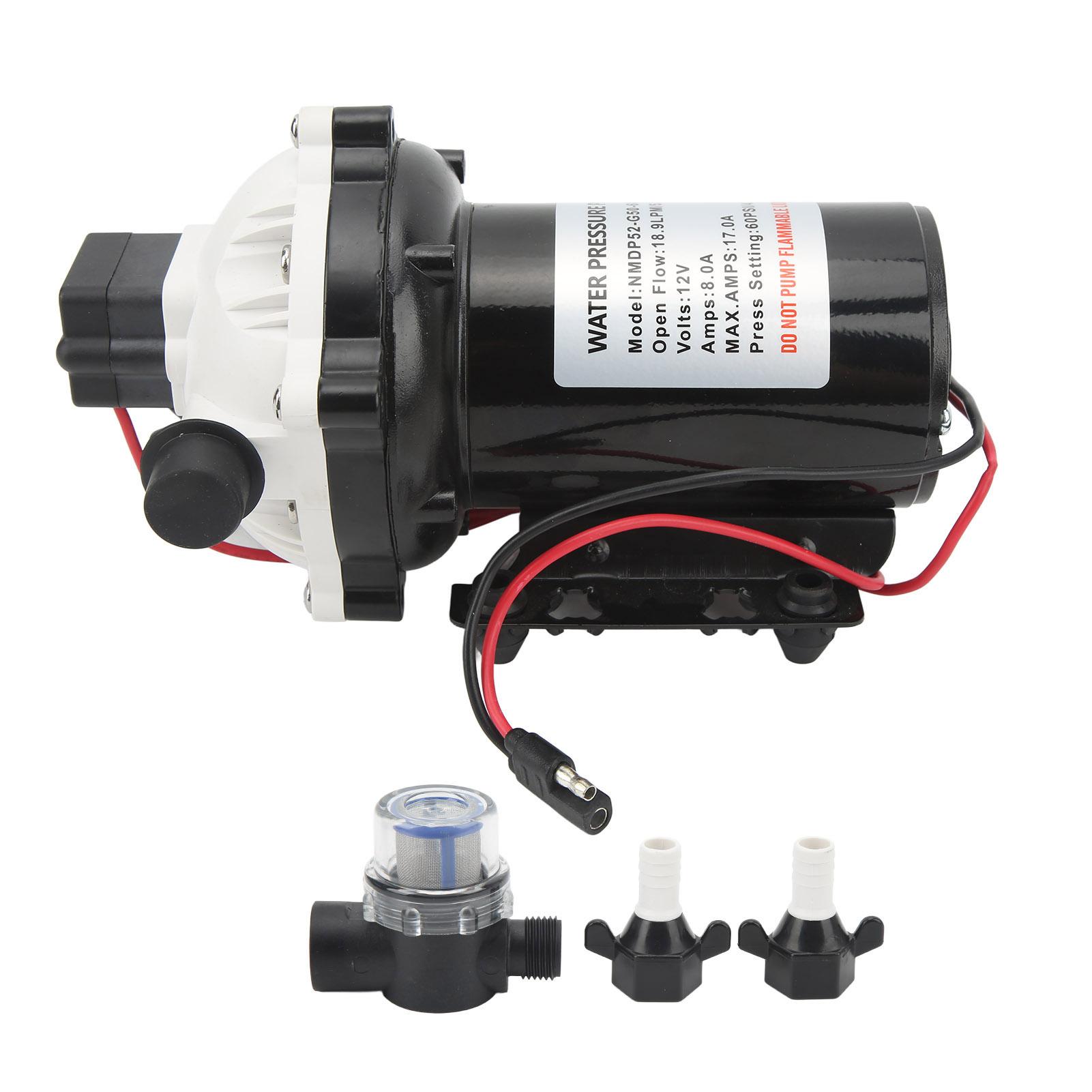 

Self Priming Diaphragm Pump 12VDC 18.9LPM 5.0GPM Rated Flow with 15A Fuse for RV Yacht