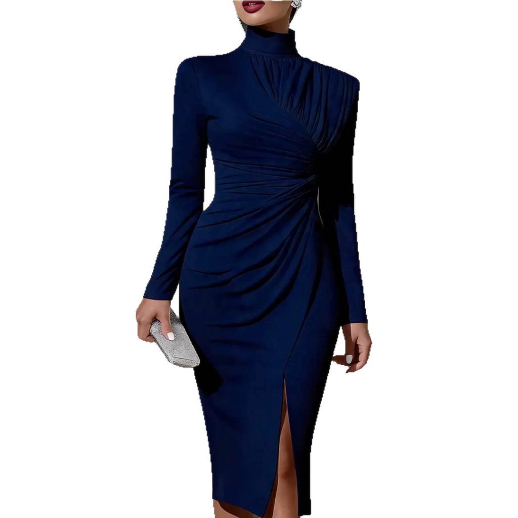 High Neck Pleated Long Sleeve Slim Fit Hip Wrap Dress Split Ends and Thin Temperament Women's Dress