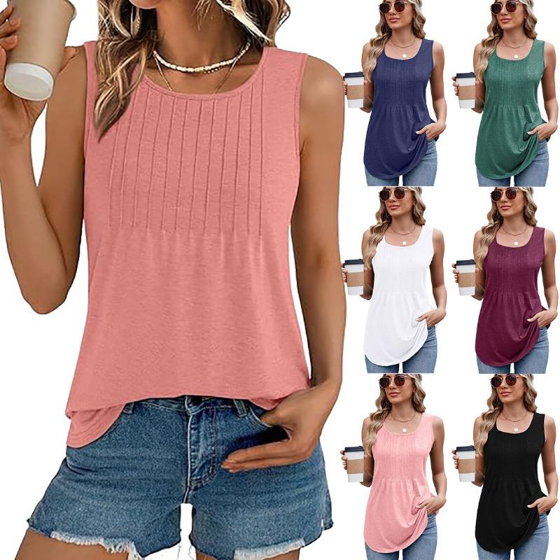 

Spring Summer Round Neck Drawstring Loose Sleeveless Solid Color Vest Top for Women Shirt S білий