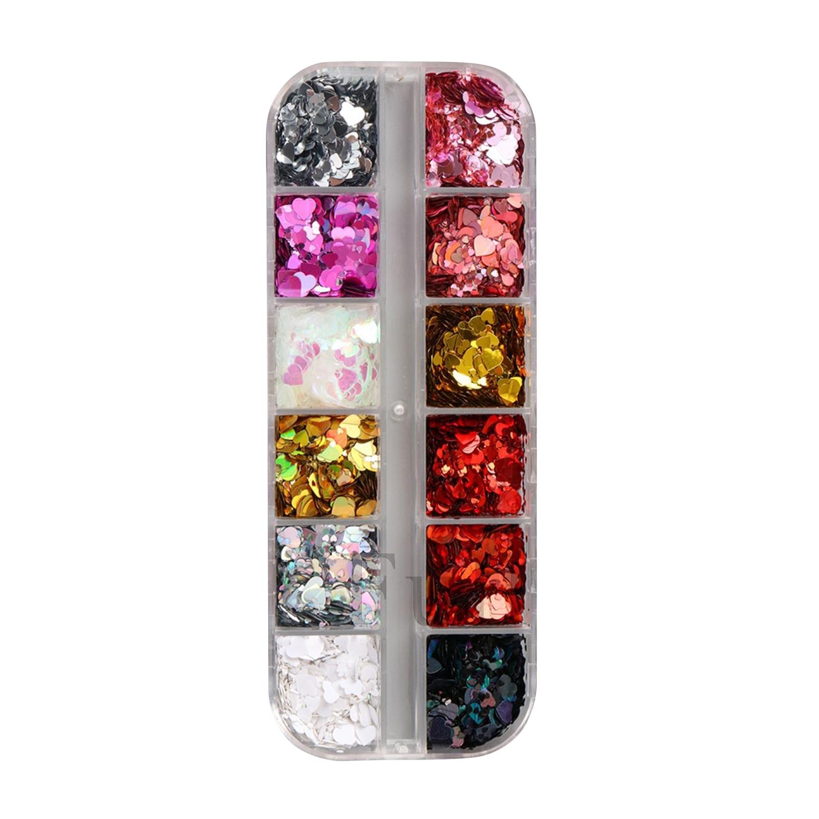 1 Box 12 Color Hearts Nail Glitter Love Nail Sequins  Rose Nail Flaking Sparkly Glitter Flaking Shiny Nail Glitter Valentine Nail Sequins Glitter
