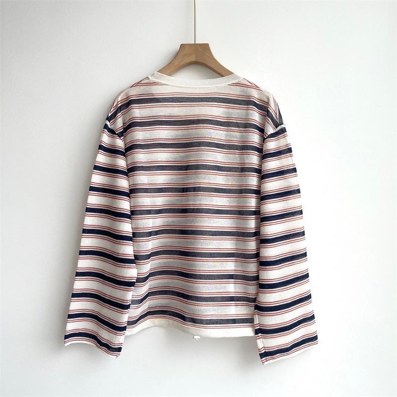 ED Women's Retro Casual Cotton-Linen Knit Cover-up T-Shirt with Contrast Stripe and Drawstring Hem