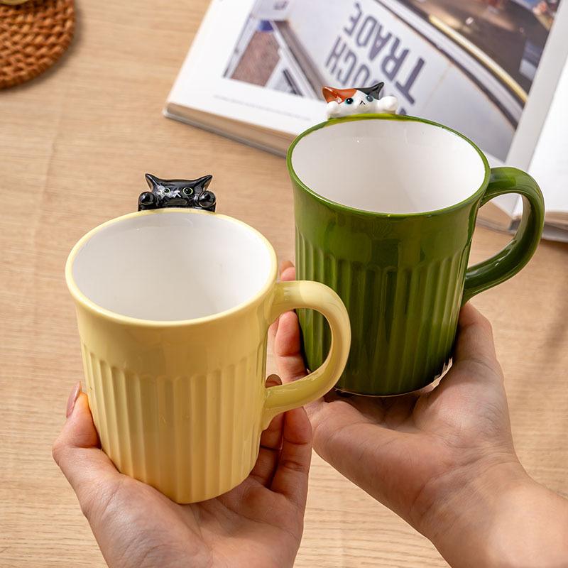 Cartoon Cute Cat Ceramic Cup Embossed Cute Water Cup Style Breakfast Cup Couple Cup High Value Mug