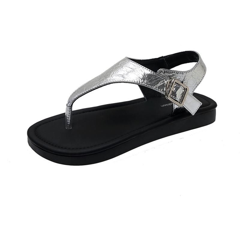 Sommer 2024 Klassische Ledersandalen Damen Römische Schnalle Offene Zehen Strandschuhe Dicke Sohle Leder Fischmaul Kleinigkeitssandalen