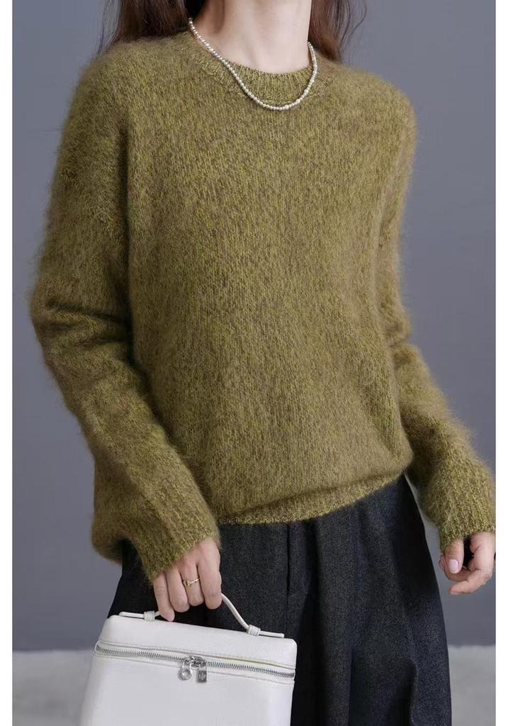 2025 Autumn/Winter Women's Thickened Wool Cashmere Round Neck Knit Sweater with Brushed Fleece
