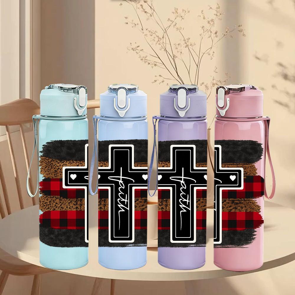 1PC Plaid Cross Religious Print 750ml Color Plastic Sports Water Bottle Leakproof Flip Straw Lid Suitable for Sports Office Home Use