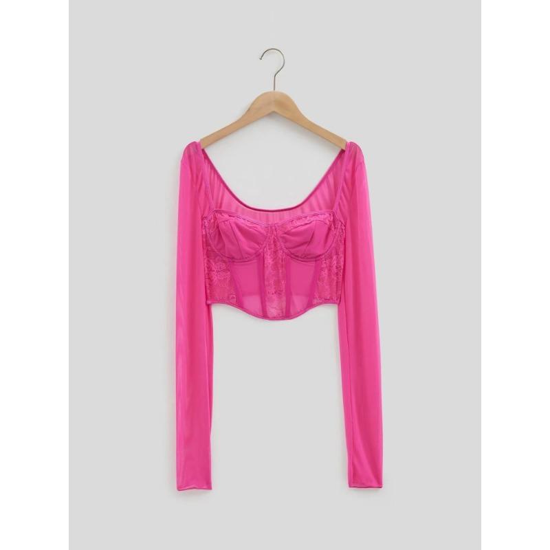 Women S Lace Mesh Panel Long Sleeve Square Neck Slim Fit Crop Top Vest