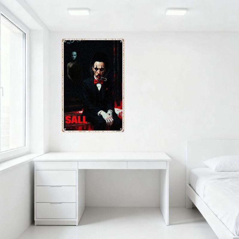 Gothic Horror Vintage Metal Tin Sign, Man In Black Suit with Red Makeup, Eerie Shadow Figure, 'SALL' Text, Retro Poster Wall Dec
