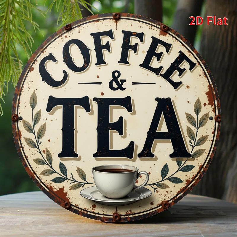 D Flat Vintage Coffee Tea Metal Sign Round Metal Wall Art with Rustic DesignPerfect for Home OfficeCafe or Garden