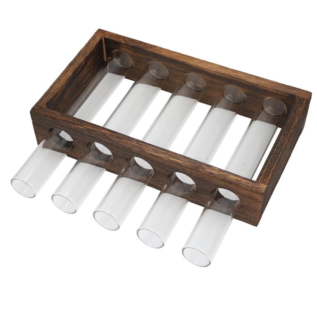 Tabletop Glass Tube Vase High Borosilicate Glass Pine Wood Frame Retro Tube Plant Vase for