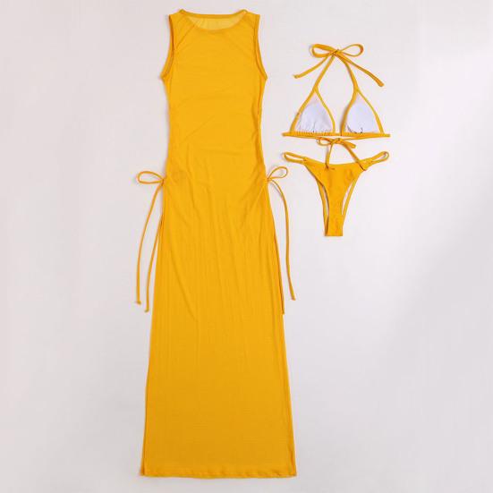 3 Pcs/Set Charming Women Bikini Cover Up Set Long Dress Bathing Sleeveless Quick Dry Summer Holiday Beach Dress Swimsuit Set