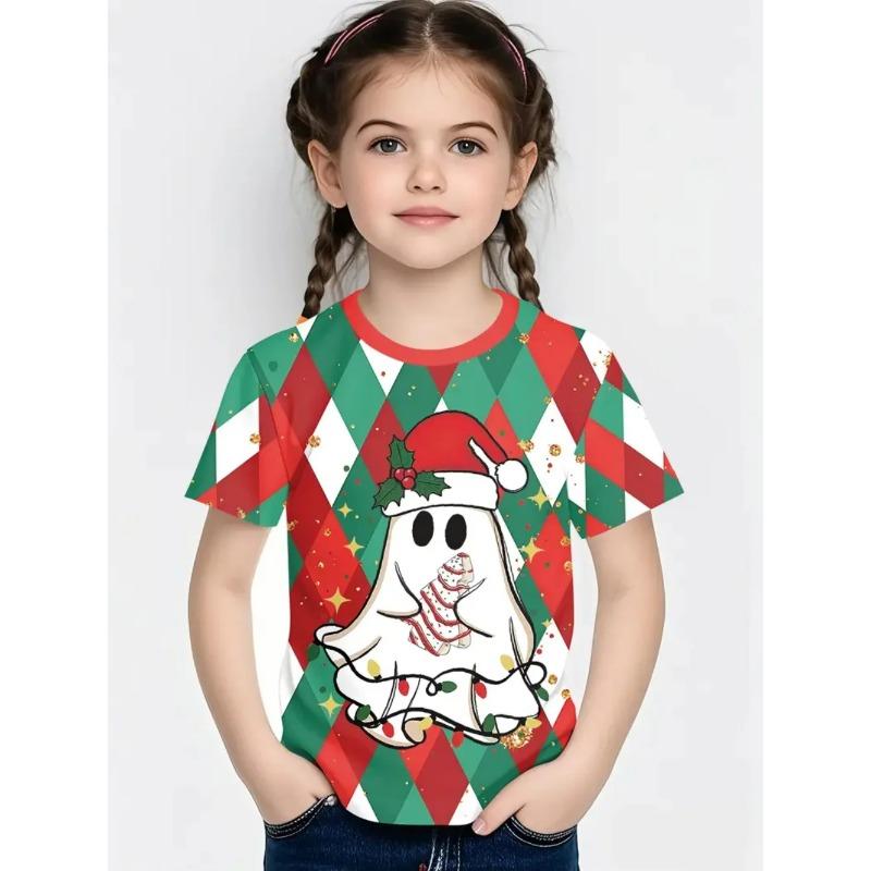 Round Neck 3D Christmas Theme Printed Short Sleeved Children's Girl T-shirts - Soft Medium Stretch Polyester Fabric Summer Relaxed Fit Clothing