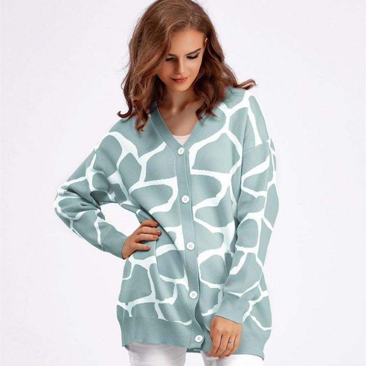 Autumn Winter Women Jacquard Sweater Loose Knit Coat V Neck Long Patterned