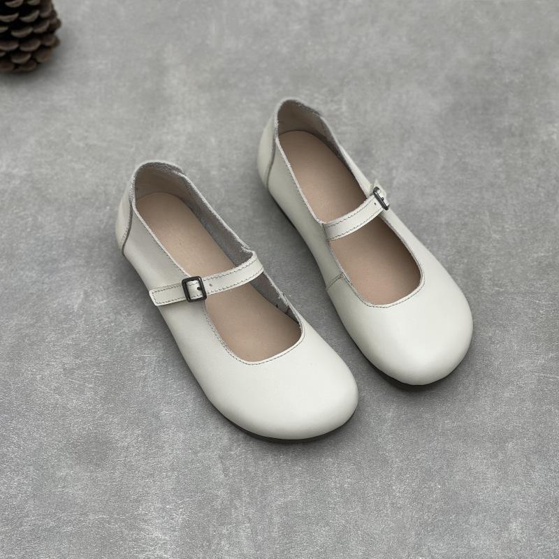 Johnature Handmade Genuine Leather Round Toe Pumps Minimalist Solid Color Soft Cowhide Women's Low Heels Shoes