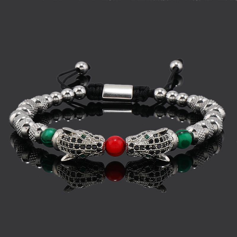 Breloques Tête de Léopard de Luxe Bracelet Homme Perles Acier Inoxydable Bracelets Femme Bijoux Cadeau Couple Amoureux