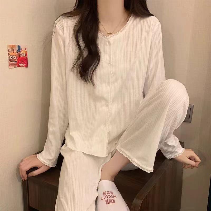 Korean Style Sweet Pajama Set for Girls: Cardigan Long Sleeve with Chest Pads, Wear Outside, Spring/Autumn Casual.