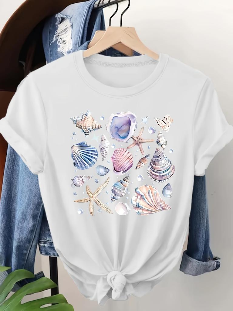 T-shirt da Donna Conchiglia & Stella Marina - Grafica Costiera da Spiaggia, Top Casual Azzurro Chiaro
