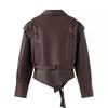 Versatile Retro Lace-Up V-Neck Faux Leather Jacket Streetwear Fashion Outerwear