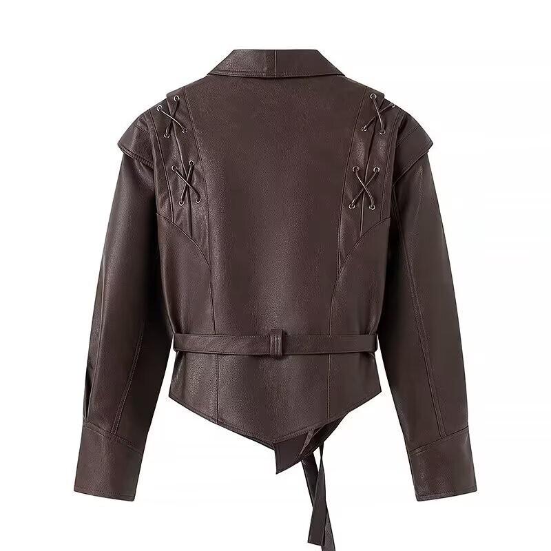 Versatile Retro Lace-Up V-Neck Faux Leather Jacket Streetwear Fashion Outerwear