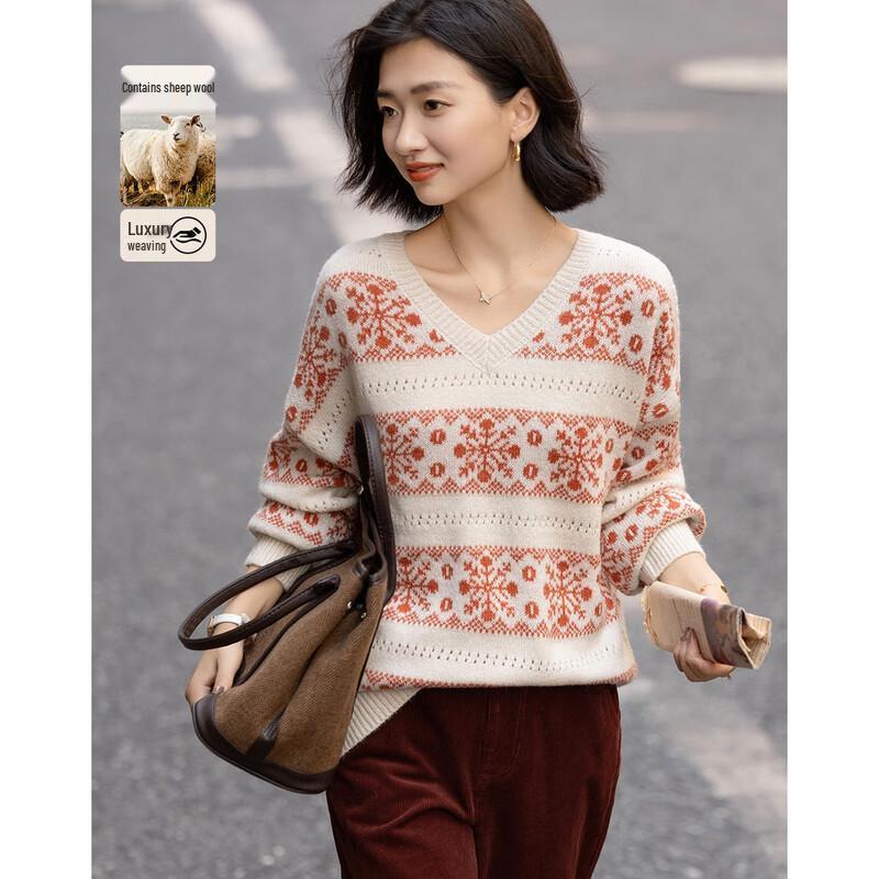

Demana Women s V-Neck Snowflake Jacquard Knit Sweater M