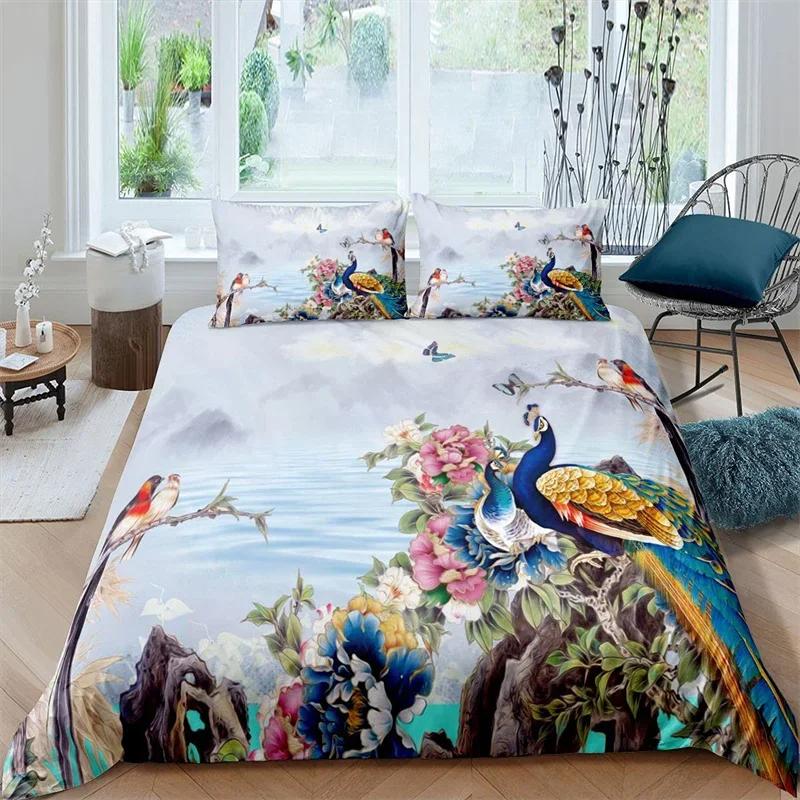 Kinder Pfau Bettbezug Set Einzel Queen Vögel Feder Muster Steppdeckenbezug Zweig Blumen Bettwäsche Set Mikrofaser Tagesdeckenbezug