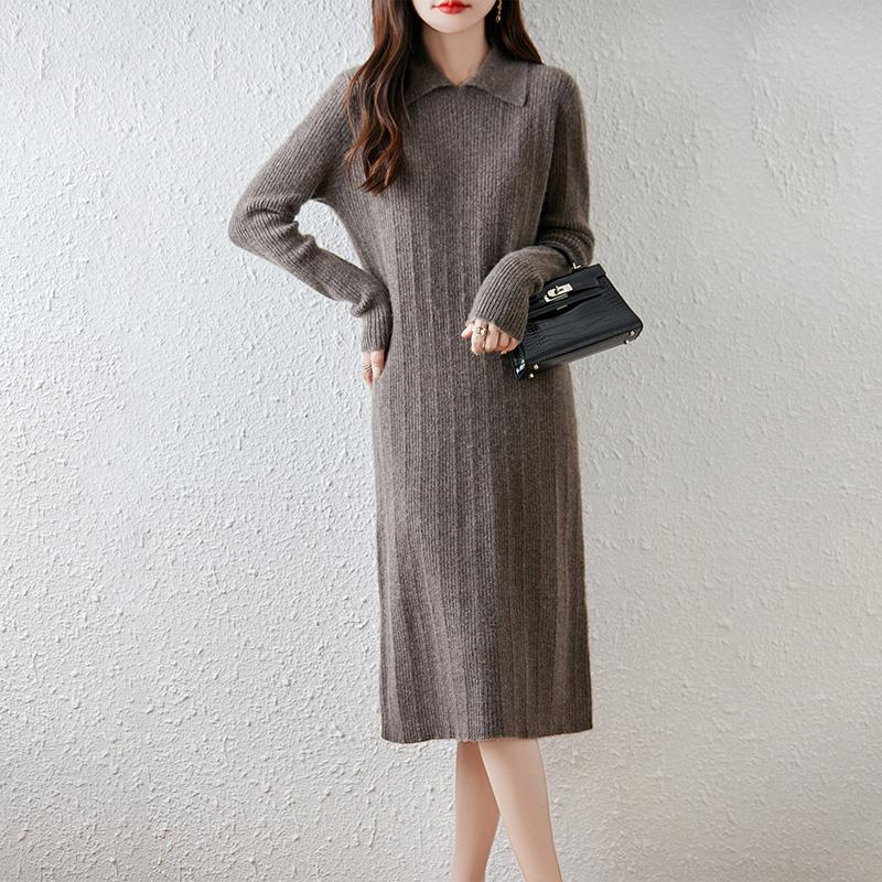 Women Sweater Dress 100% Wool MODERN NEW SAGA Turn-down Collar Knit Long Pullover Winter Jumpers Wool Long Dress Female