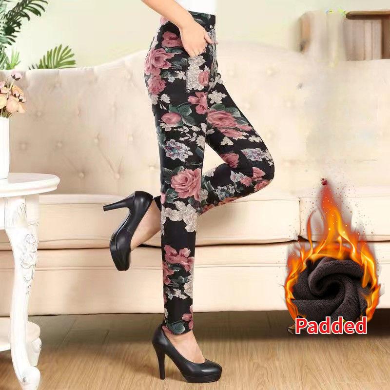 Middle-aged and Elderly Mom Pants Winter Padded Elastic Waist Female Bottoming Large Size High Waist Warm Long Pants