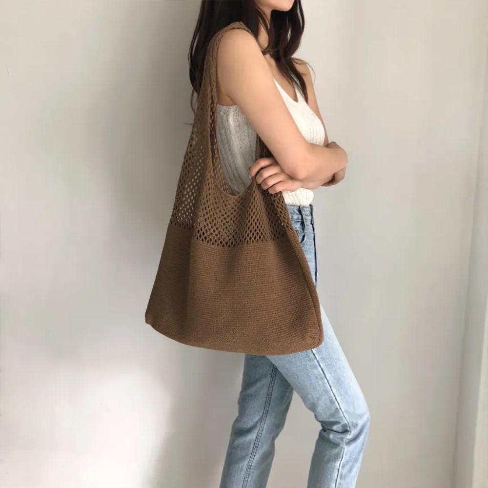 Minimalist Retro Hollow Knitting Bag For Women, Woven Yarn Shoulder Tote Bag, Large Capacity Breathable Shopping Handbag For Daily Outdoor Use