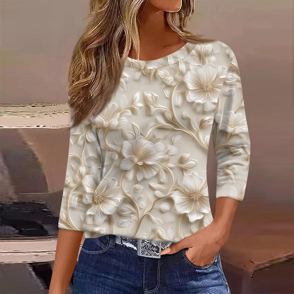 Women's Fashion Casual Round Neck 3/4 Sleeve Loose  Printed T-Shirt Ladies Top
