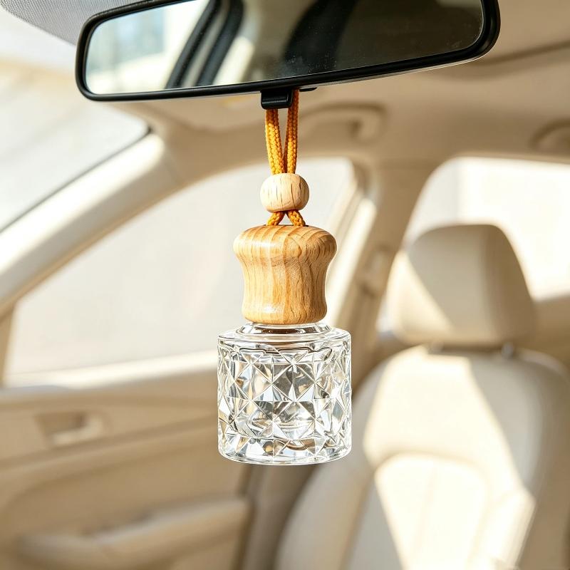 Empty Hanging Car Diffuser Bottles with Natural Wooden Lids Clear Glass Reusable for Homemade Car Air Fresheners