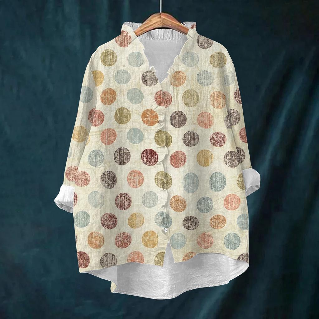 Women's Loose Ruffled Retro Floral Print Stand Collar Long Sleeve Cotton And Linen Top