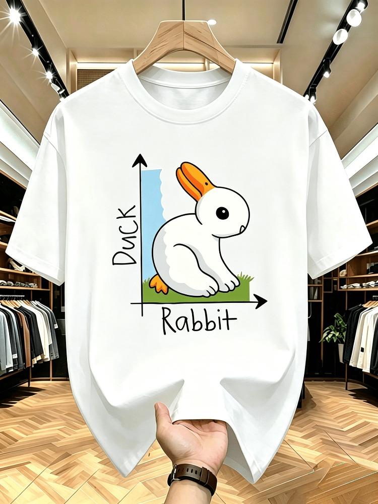 Unisex O Neck Tee Duck Rabbit Cartoon Pattern Print Cotton Short Sleeve Loose Summer Breathable Daily Casual Basic Wear Top