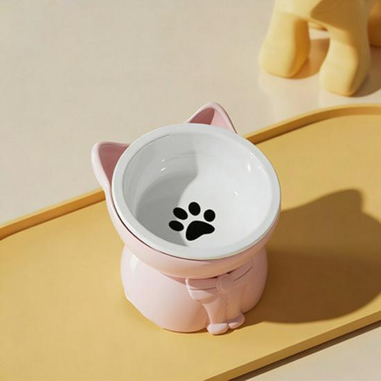 Integrated Cat Food & Water Bowl, Cute Ceramic Design, Sloped Mouth, High-Legged for Cervical Protection