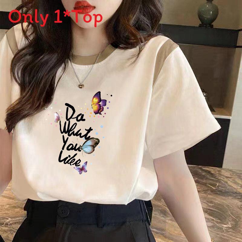 Floral Butterfly Print Short Sleeve T Shirt For Women With Splicing Cotton Relaxed Fit Summer Casual Wear