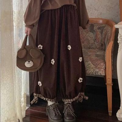 Japonské Sladké Květinové Manšestrové Kalhoty s Širokými Nohavicemi Dámské Vintage Roztomilé Volné Kalhoty Dívčí Harajuku Tepláky