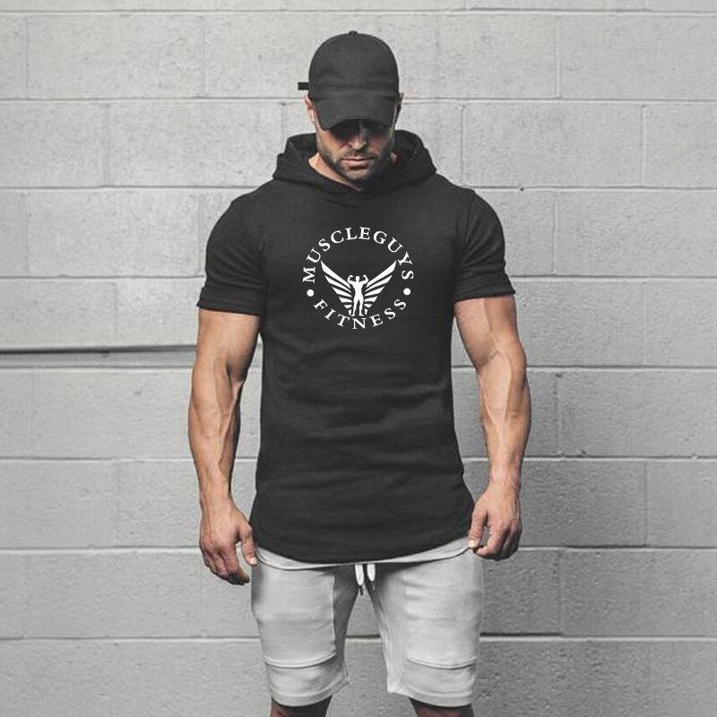 Muscleguys Marke Herren Kleidung Design Kurzarm Slim Fit T-Shirt Herren Baumwoll-T-Shirt mit Kapuzen Fitnessstudios Kapuzen-T-Shirt Männlich