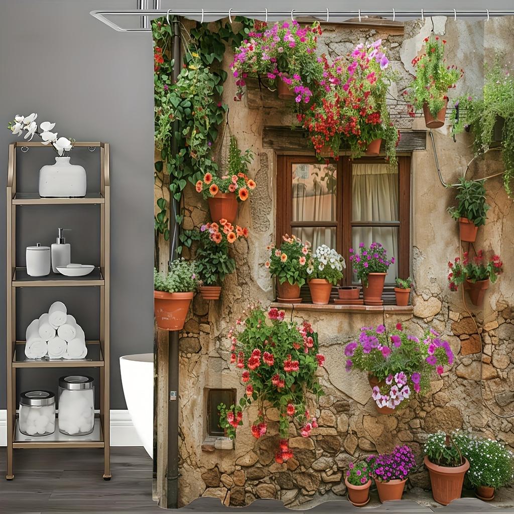 Shower Curtain: Rustic Stone Wall with Vibrant Hanging Flowers for a Charming and Colorful Bathroom Decor