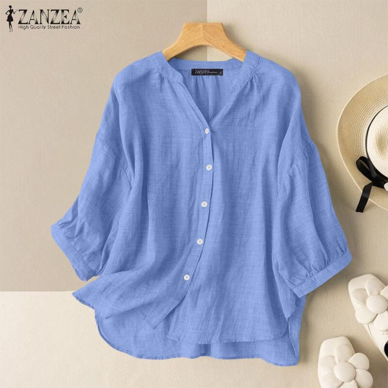 ZANZEA Women Round Neck 3/4 Sleeve Solid Color Casual Thin Blouses