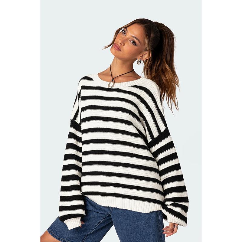 

Spring New Style Women s Long Sleeve Loose Knitwear Striped Simple Comfortable Casual Commute Polyester Fiber Sweater S чёрный