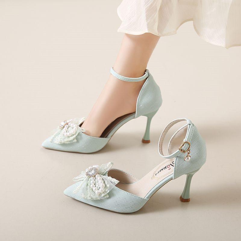 High Heels Women's New Spring and Autumn Hollow Pointed Pearl Bow One-word Buckle Stiletto Single Shoes Women