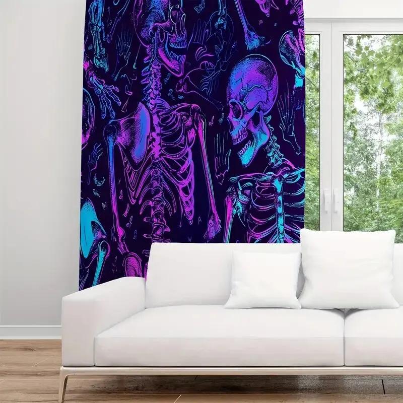 All Season Halloween Fluorescent Skull Pattern Printed Curtains Window Decorations Home Room Curtain Set Of 2 Made Polyester Washable