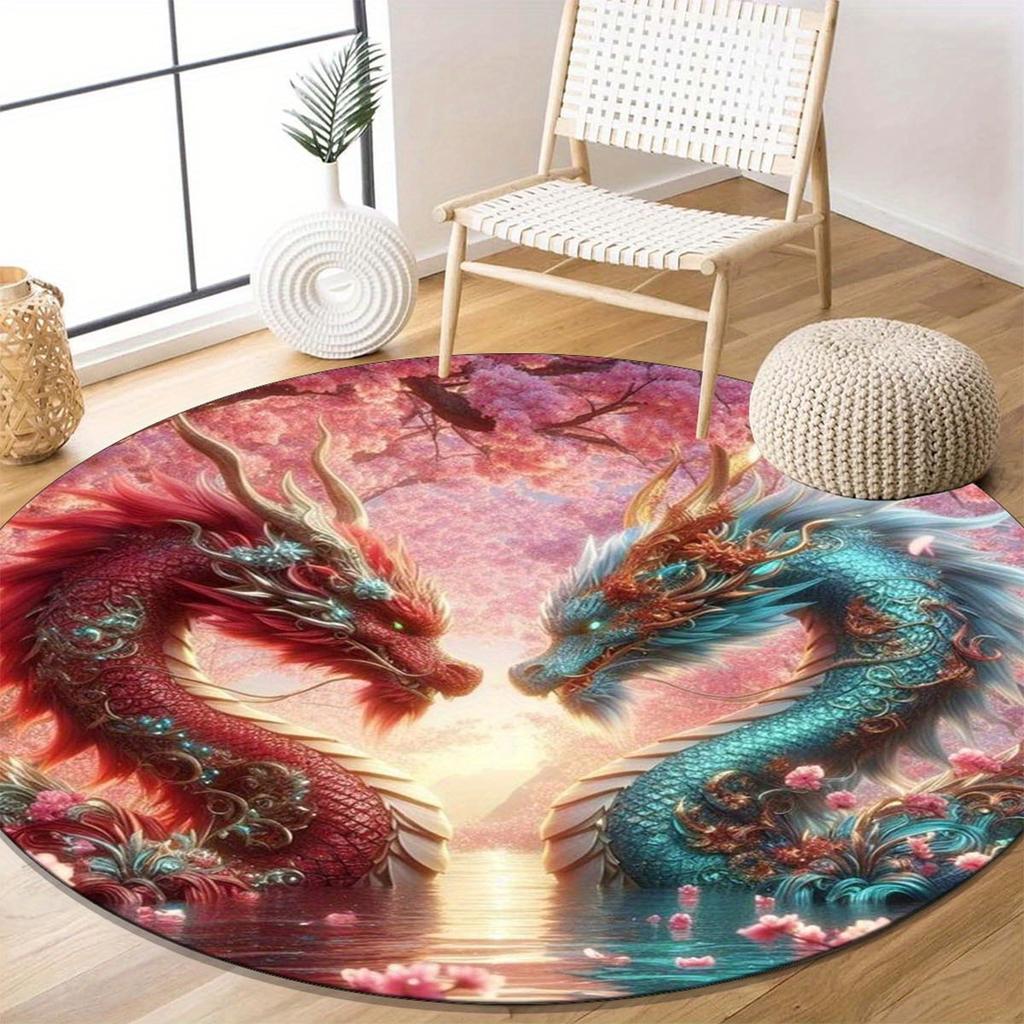 Dragon Pattern Round Rug, Non-Slip Washable Carpet for Bedroom Living Room Crystal Velvet, Home Decor Mat