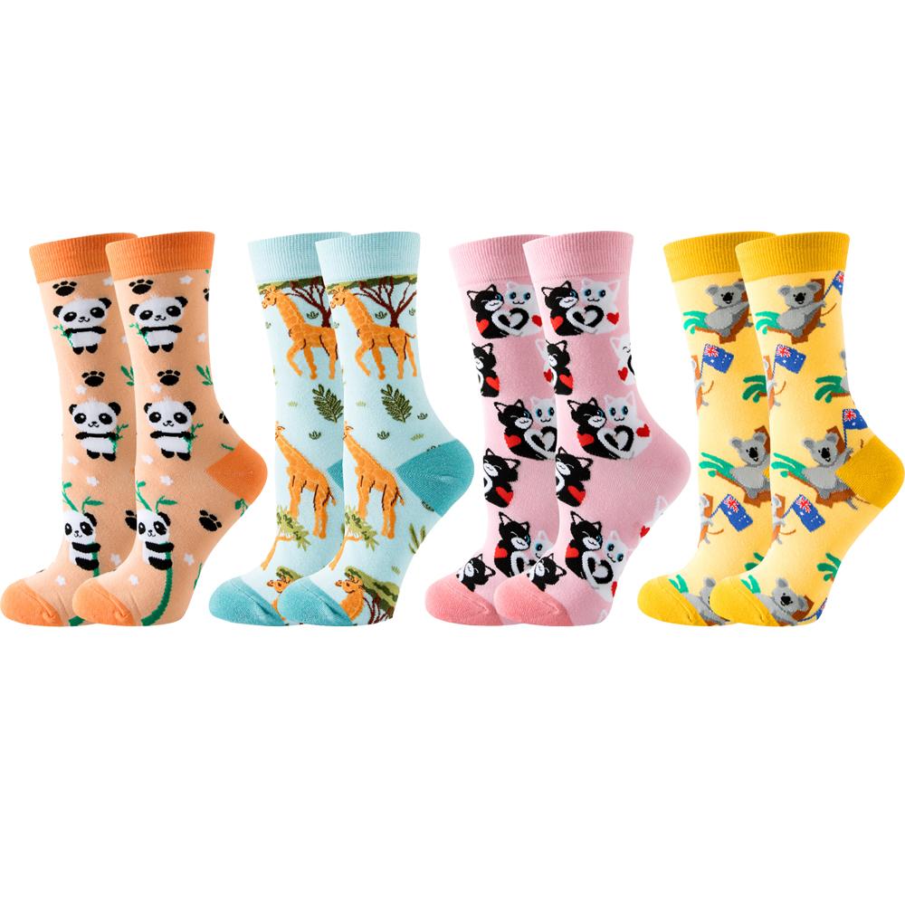 4 Pairs New Fashion Colorful Funny Happy Casual Women Socks Dress Harajuku Cute Cartoon Cat Dog Lemon Donut Girl Cotton Socks