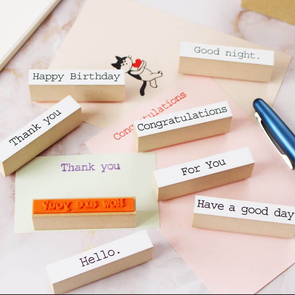 Cute and stylish wooden rubber stamp set for birthdays, thank you cards, bridal gifts, and letters. Made in Japan (#75)